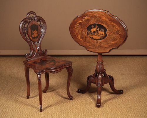 19th.c. Inlaid Walnut Tripod Wine Table & Side Chair C.1890.