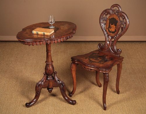 19th.c. Inlaid Walnut Tripod Wine Table & Side Chair C.1890.