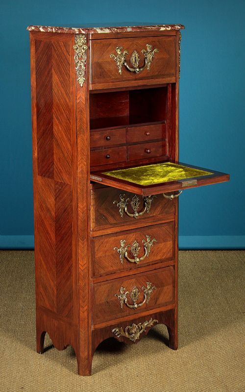 Very Narrow French Marble Top Secretaire Abattant. C.1920.