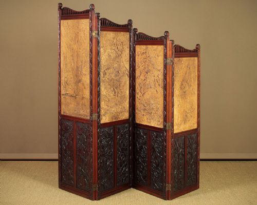 Walnut Arts & Crafts Screen with Original Leather Fairy Folk Panels C.1890.