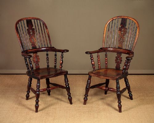 Pair of Yew Wood Broad Arm Windsor Armchairs C.1840.