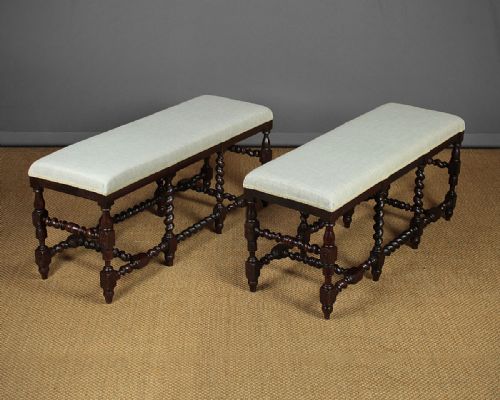 Pair of Long Upholstered Oak Stools C.1920.