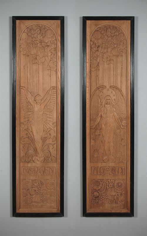 Pair of Tall Art Nouveau Carved Oak Panels C.1890.