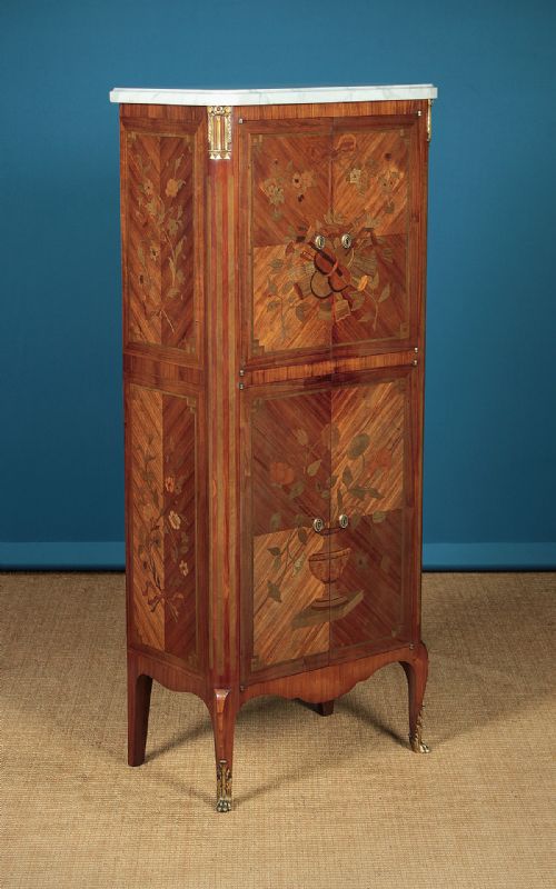 Narrow Marble Top Marquetry Inlaid Side Cabinet C.1930.