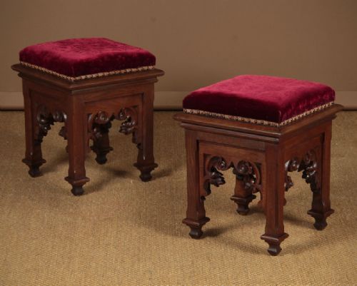 Pair of Gothic Oak Stools C.1900.
