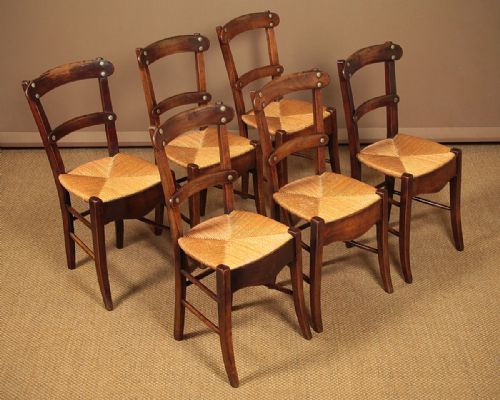 Set of Six Small Fruitwood & Rush Seat Dining Chairs C.1850.