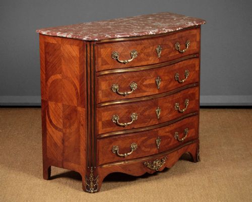Brass Mounted Marble Top Parquetry Chest of Drawers C.1910.