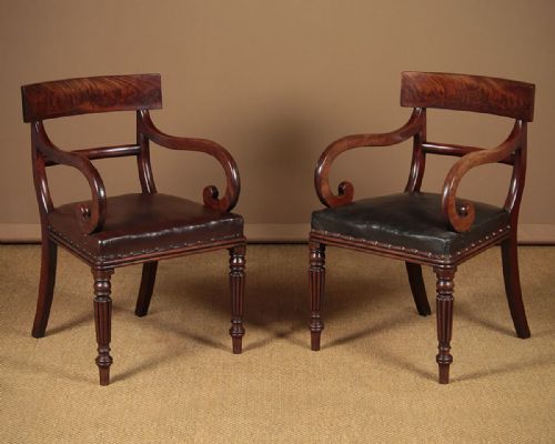 Pair Regency Era Mahogany Scroll Arm Armchairs C.1830.