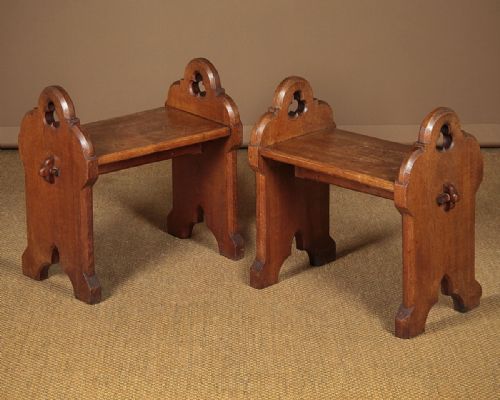 Pair Gothic Carved Oak Stools C.1880.