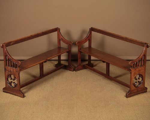Pair 19th.c. Pitch Pine Gothic Benches C.1880.