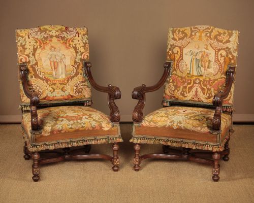 Pair Carved Walnut Armchairs with Tapestry Covers C.1920.