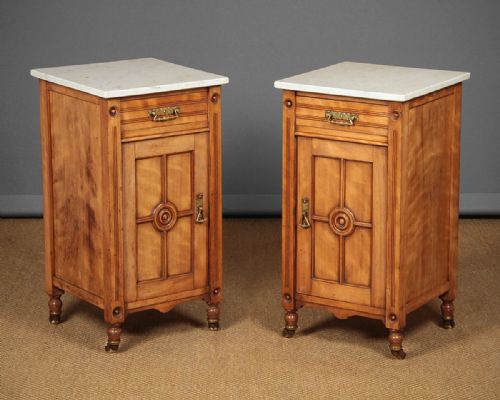 Pair of Marble Top Satinwood Bedside Cabinets C.1880.