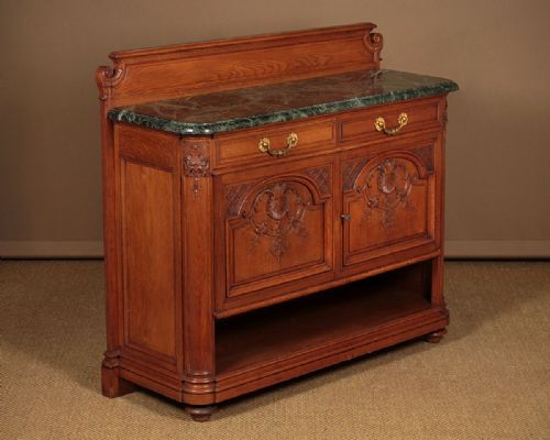 Carved Oak & Marble Top Side Cabinet C.1905.