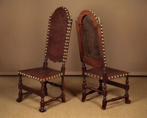 Pair Large Renaissance Revival Walnut & Leather Hall Chairs.
