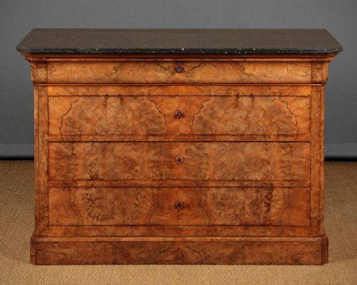 French Burr Walnut & Marble Top Chest of Drawers C.1860.