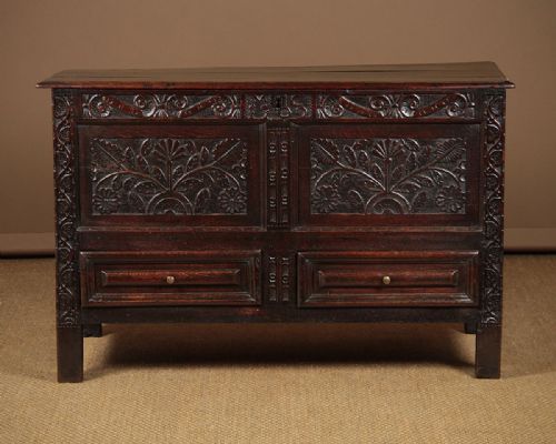 Early 18th.c. Carved Oak Mule Chest Dated 1702.