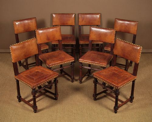 Set of 8 Walnut & Leather Dining Chairs C.1900.