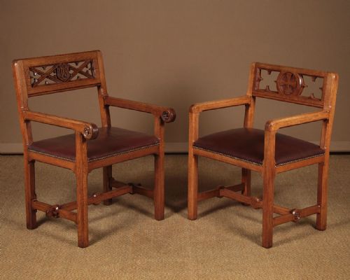 Two Gothic Oak Armchairs C.1930.