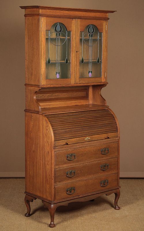 Arts & Crafts Oak Secretaire Bookcase C.1910.