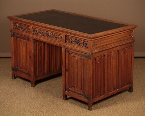 Gothic Carved Oak Pedestal Desk C.1920.
