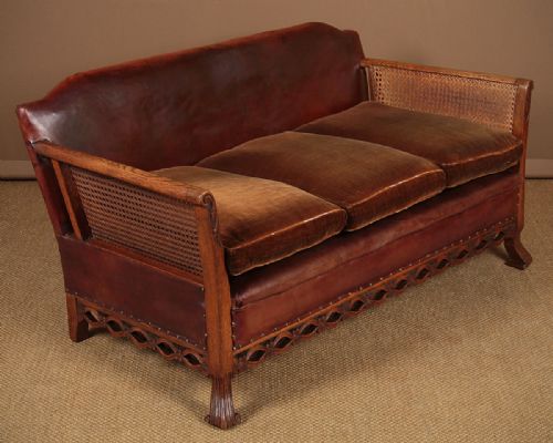 Low Back Oak & Leather Couch C.1925.