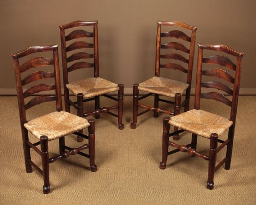 Four Georgian Oak Ladderback Dining Chairs C.1790.