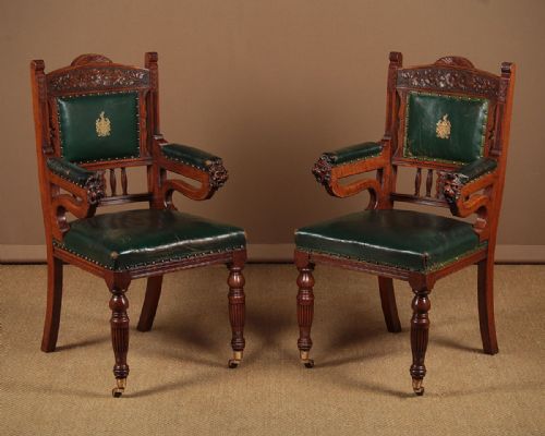 Pair of Large Oak & Leather Armchairs C.1880