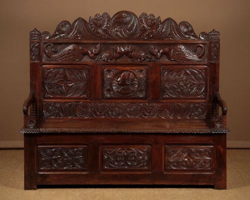 Carved Oak Box Settle C.1900