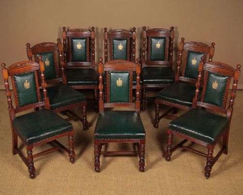 Set of 8 Oak & Leather Dining Chairs by Gillows C.1870.
