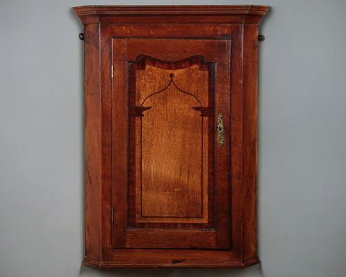 Small Oak Hanging Corner Cupboard with Inlaid Door C.1800