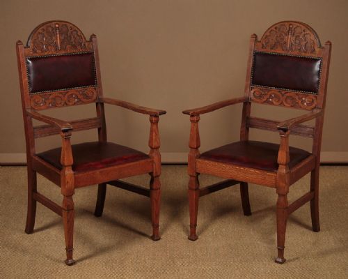 Pair of Large Oak Open Armchairs C.1900