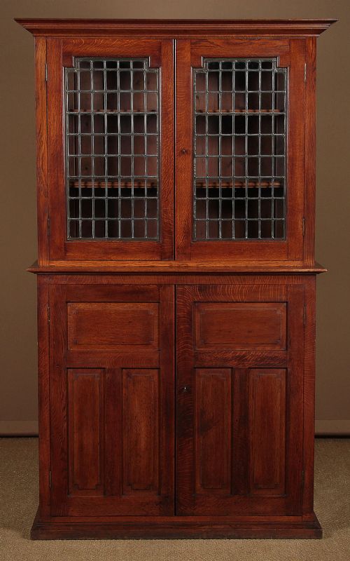 Oak Office Bookcase with Leaded Glass Doors C.1905