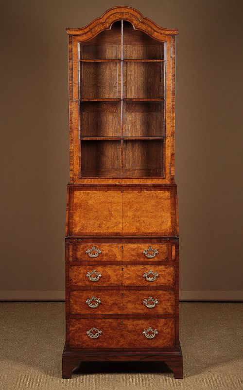 Slim Burr Walnut Bureau Bookcase C.1910