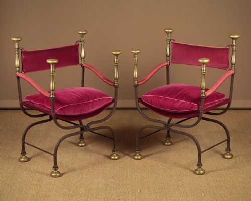 Pair 19th.c. Brass & Iron Savonarola Style Armchairs C.1890.