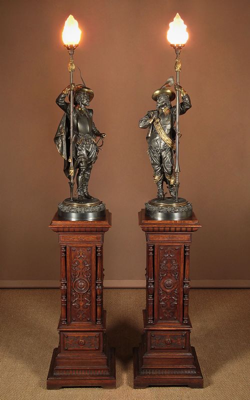 Exceptional Pair of Tall Bronze Cavalier Figure Lamps & Pedestals C.1880.