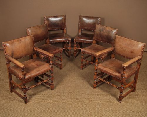 Six Oak & Leather Dining Chairs C.1930