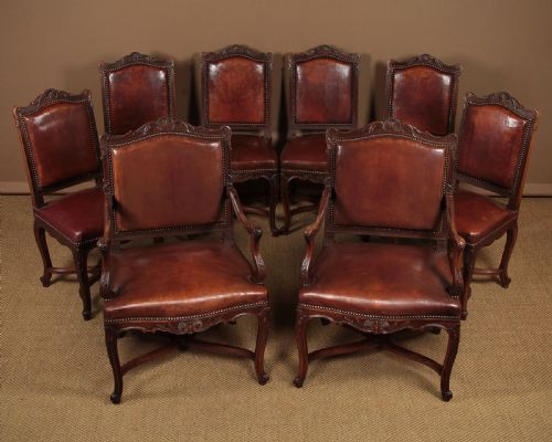 8 Walnut & Leather Dining Chairs C.1900