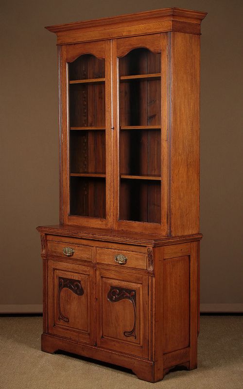 Pale Oak Bookcase with Art Nouveau Panels C.1900