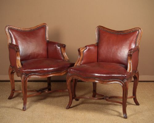 Pair of Walnut & Leather Armchairs C.1900