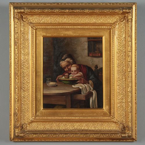 Small Framed Oil Painting of a Grandmother & Child C.1900