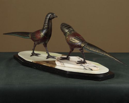 Painted Art Deco Sculpture of Pheasants C.1930
