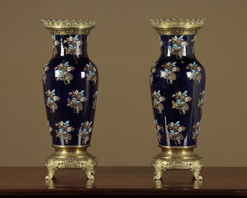 Pair of Large Brass Mounted Vases by Gien C.1900.