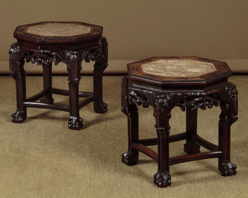 Pair of Chinese Marble Top Urn Stands or Side Tables C.1890.