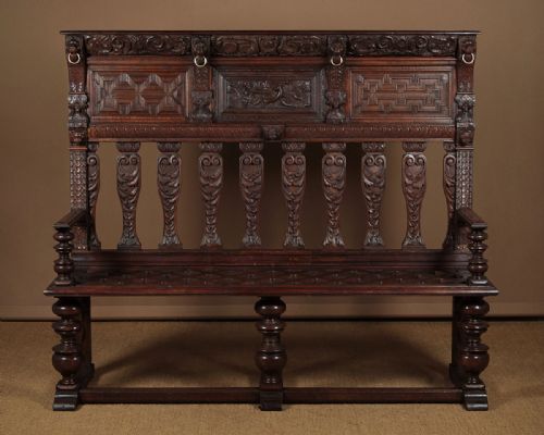 Large Carved Oak Hall Bench C.1880.