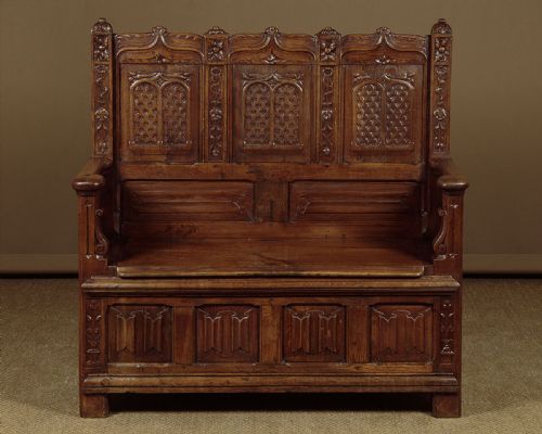 Gothic Carved Oak Box Settle C.1910.