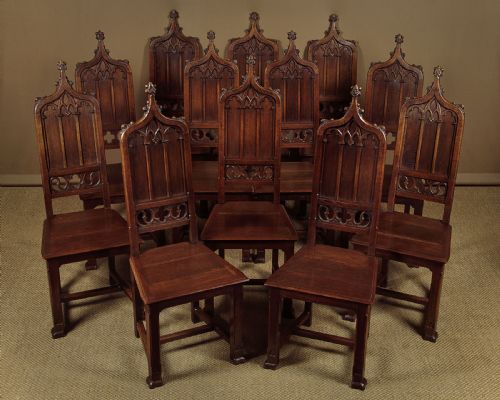 Set of 12 Gothic Revival Oak Dining Chairs C.1890