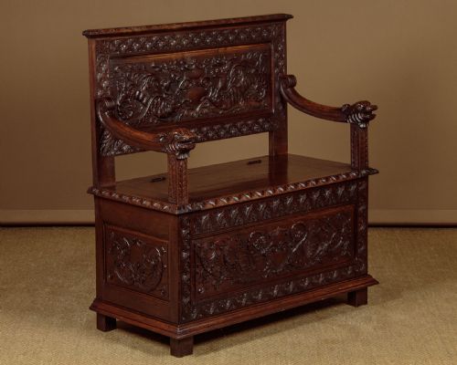 Carved Oak Box Settle C.1890