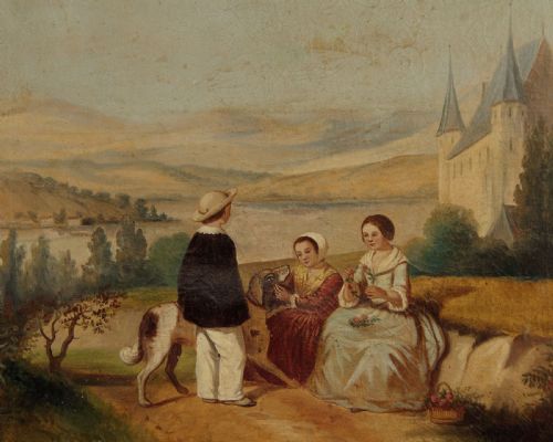 Oil Painting of Children & Dog C.1870