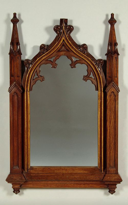 Carved Oak Gothic Revival Wall Mirror C.1900