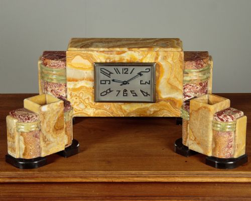 Art Deco Marble Clock & Garnitures C.1930